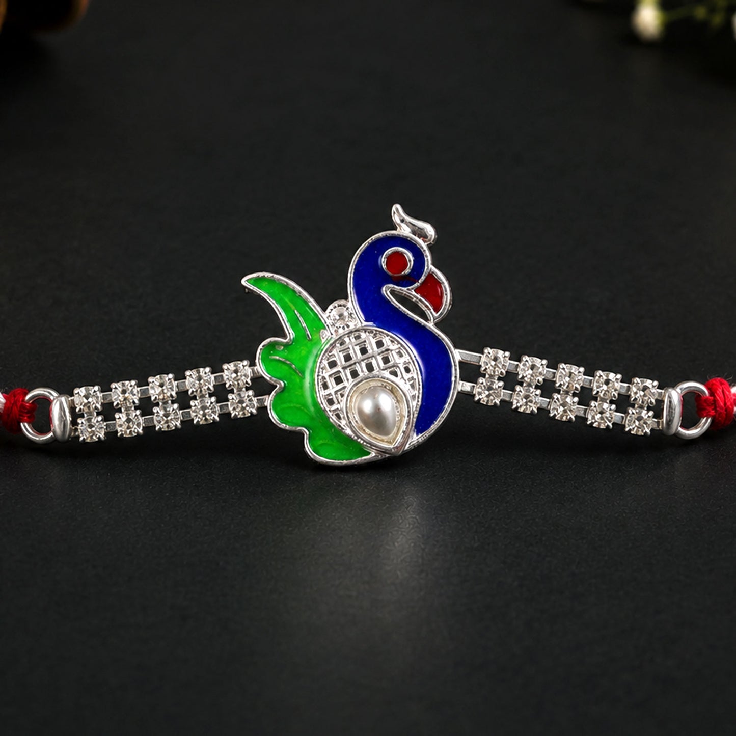 Classic Rakhi featuring Peacock Charm, crystal sparkle and display look for Gift Use