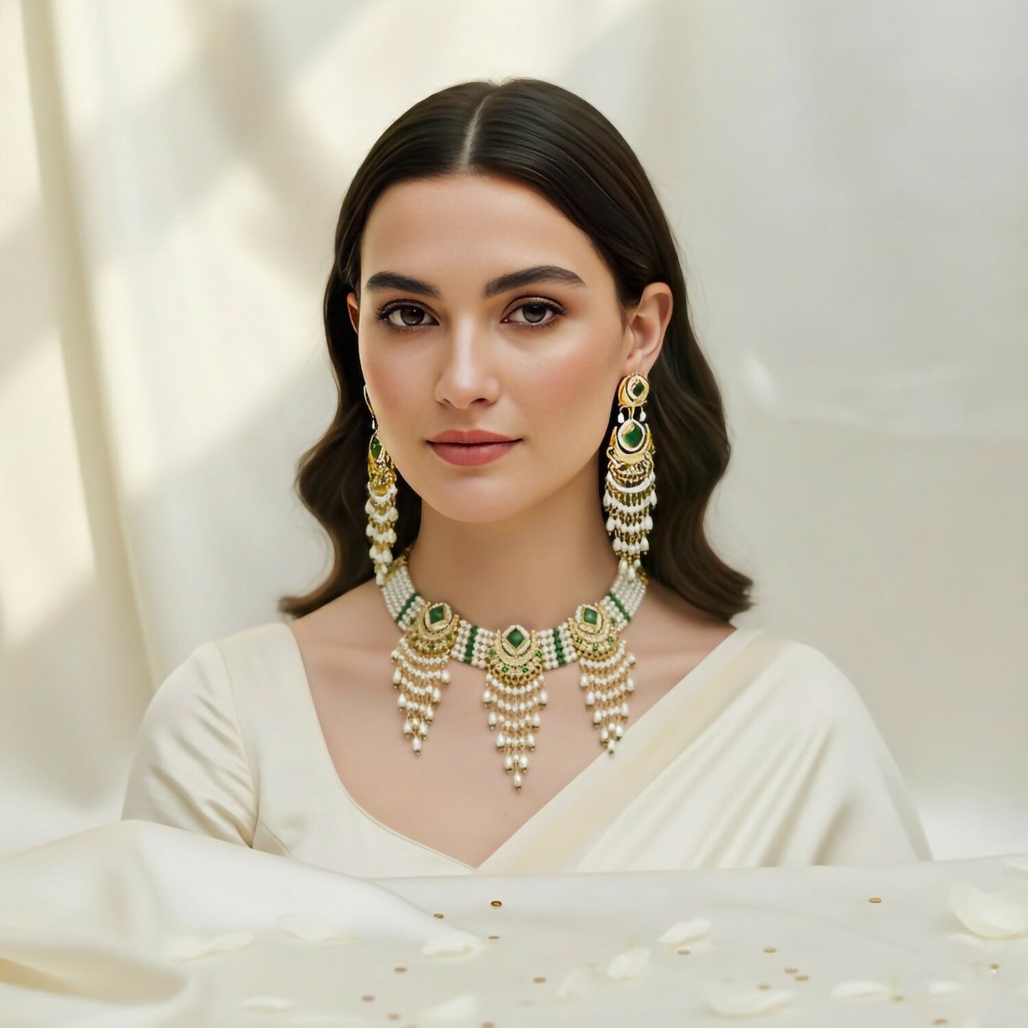 Elegant Emerald & Pearl Choker Necklace Set with Chandbali Jhumka Earrings