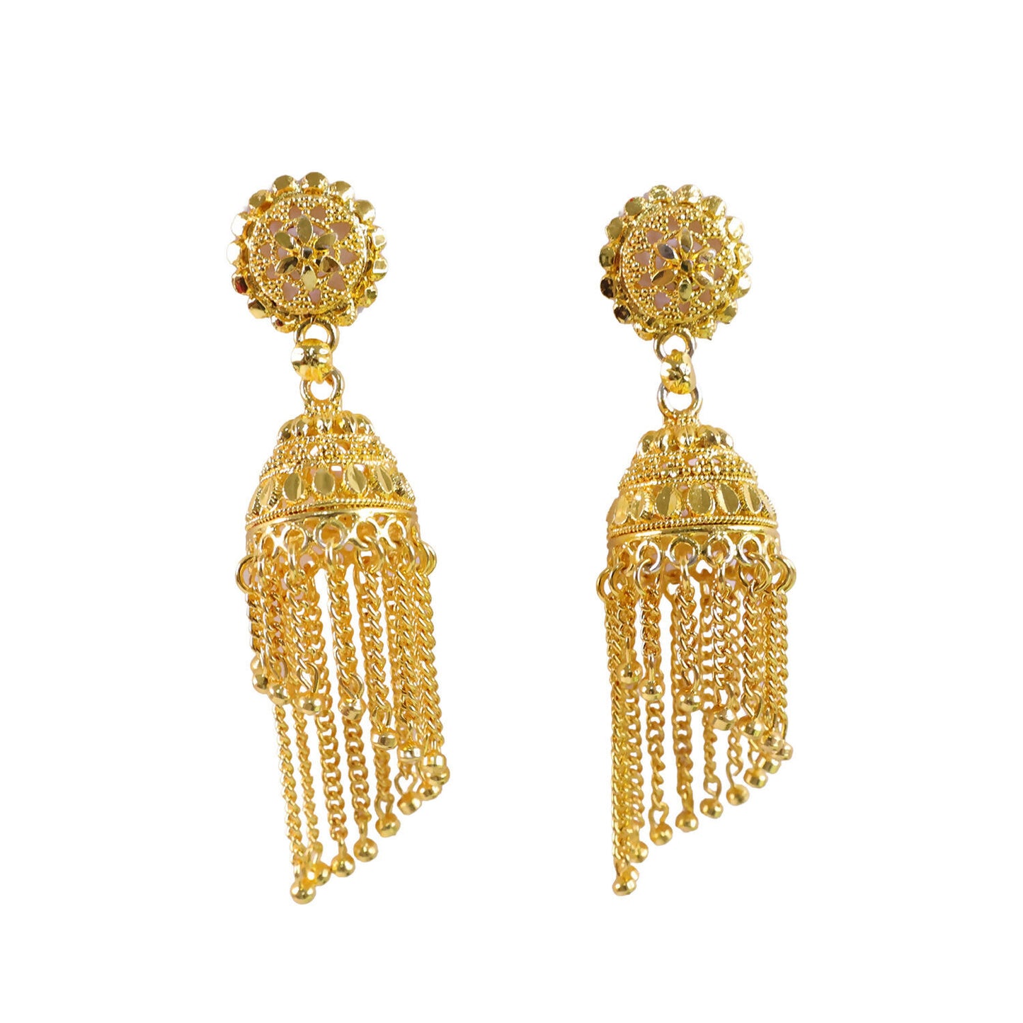 Traditional Gold Tone Long Tassel Jhumka Earrings Floral Stud Dome Drop Ethnic Earrings for Women