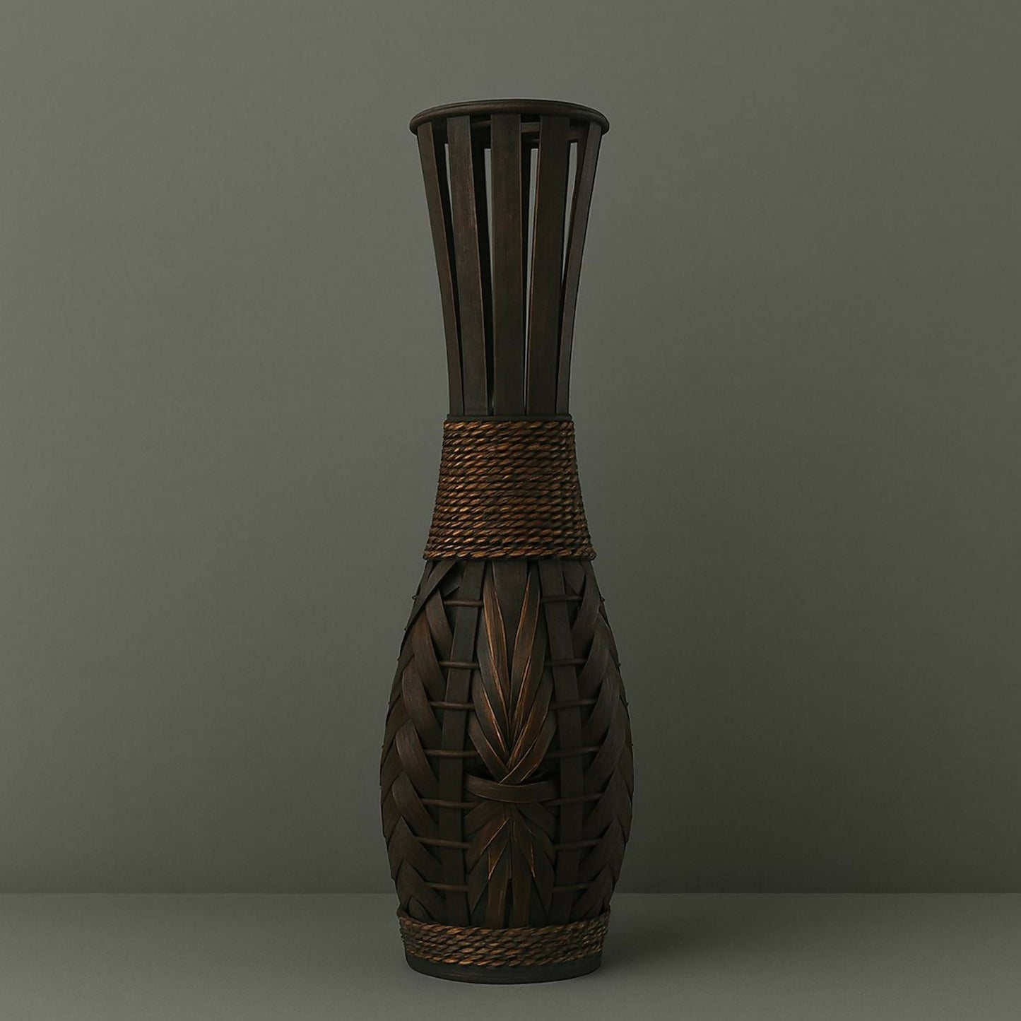 HOME DECOR Premium Handcrafted Dark Brown Woven Decorative Floor Vase – Tall Bamboo Style Flower Pot with Braided Detailing for Living Room, Bedroom, Office & Home Décor (Approx. 27 inch)