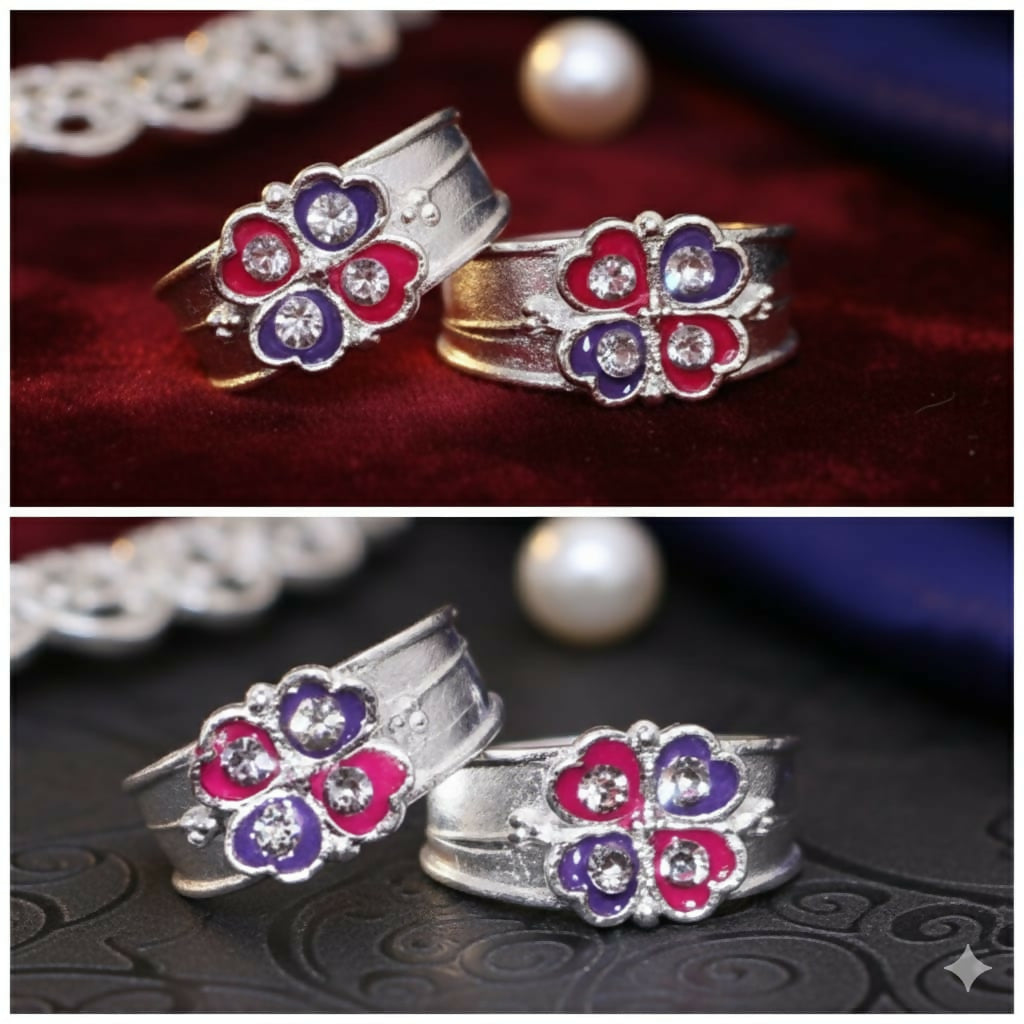 Silver adjustable floral toe ring featuring pink and purple enamel accents