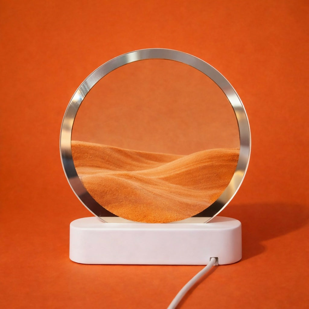 Side view of round acrylic sand art LED lamp
