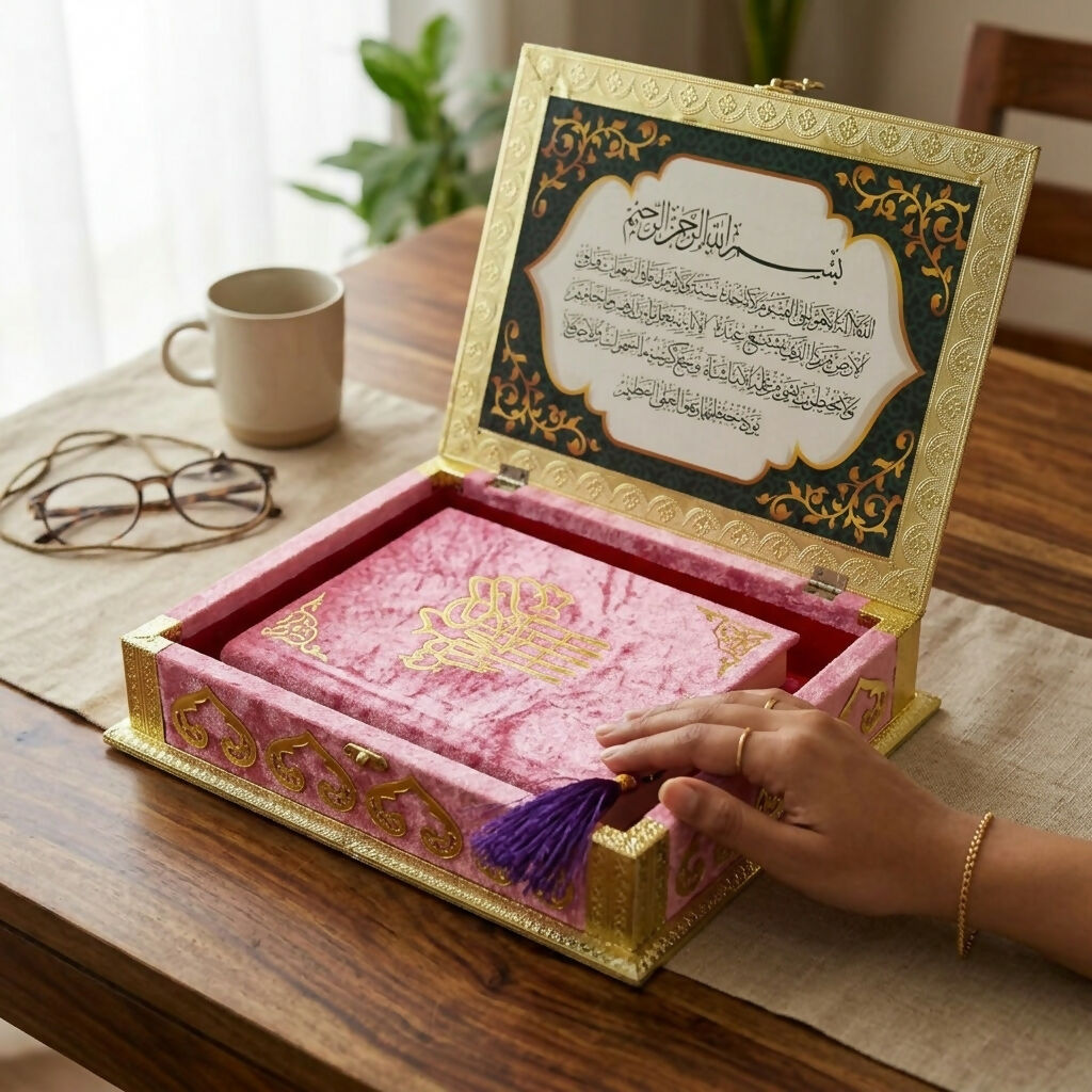 Luxury Velvet Quran Box with dual-function folding Rehal book stand in use