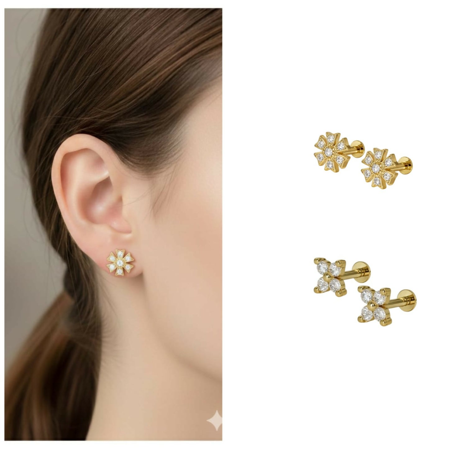 Close-up of floral gold flat back stud earrings showcasing floral design and stones