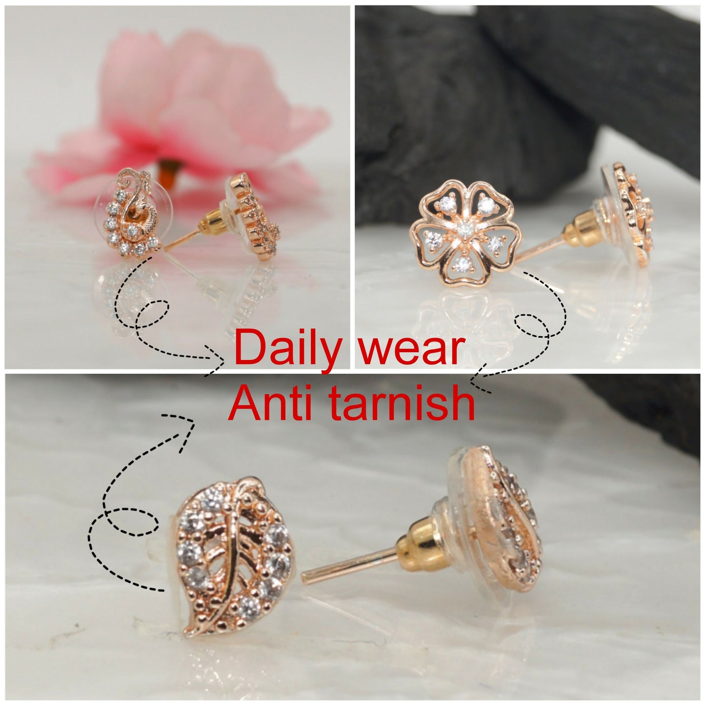 Rose Gold AD Stud Earrings Set | Floral & Peacock Design for women and girls Combo Pack of 3