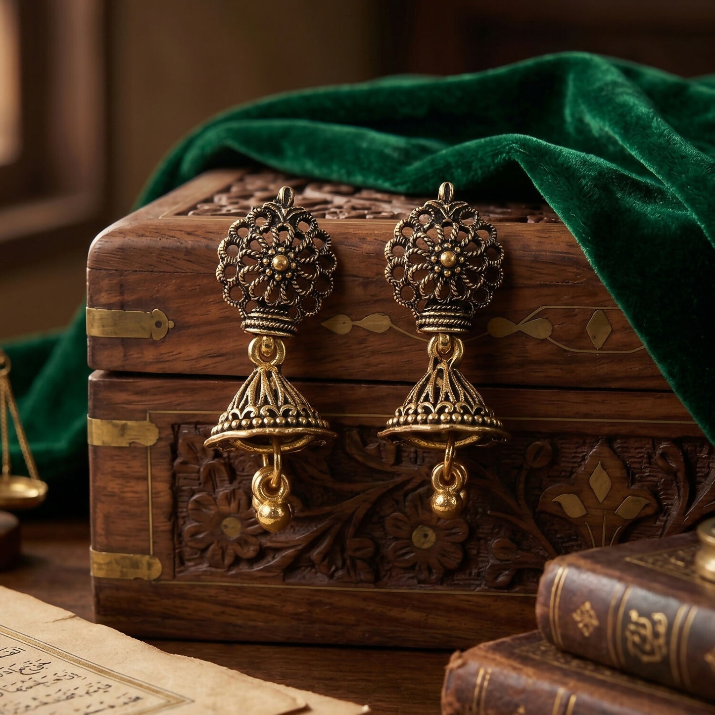 Detailed Antique Finish on Round Floral Jhumka Earrings