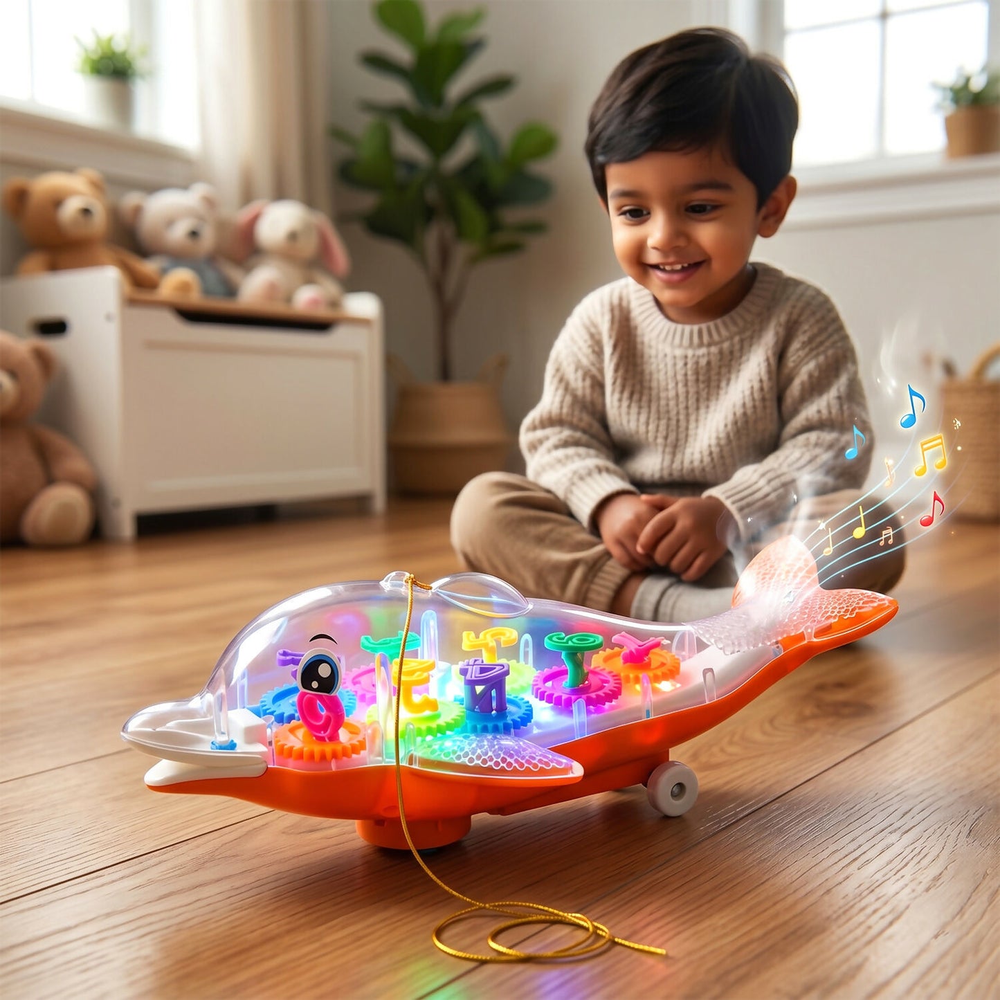 Colorful Musical Light-Up Dolphin Toy with Rotating Gears and Pull String for Kids