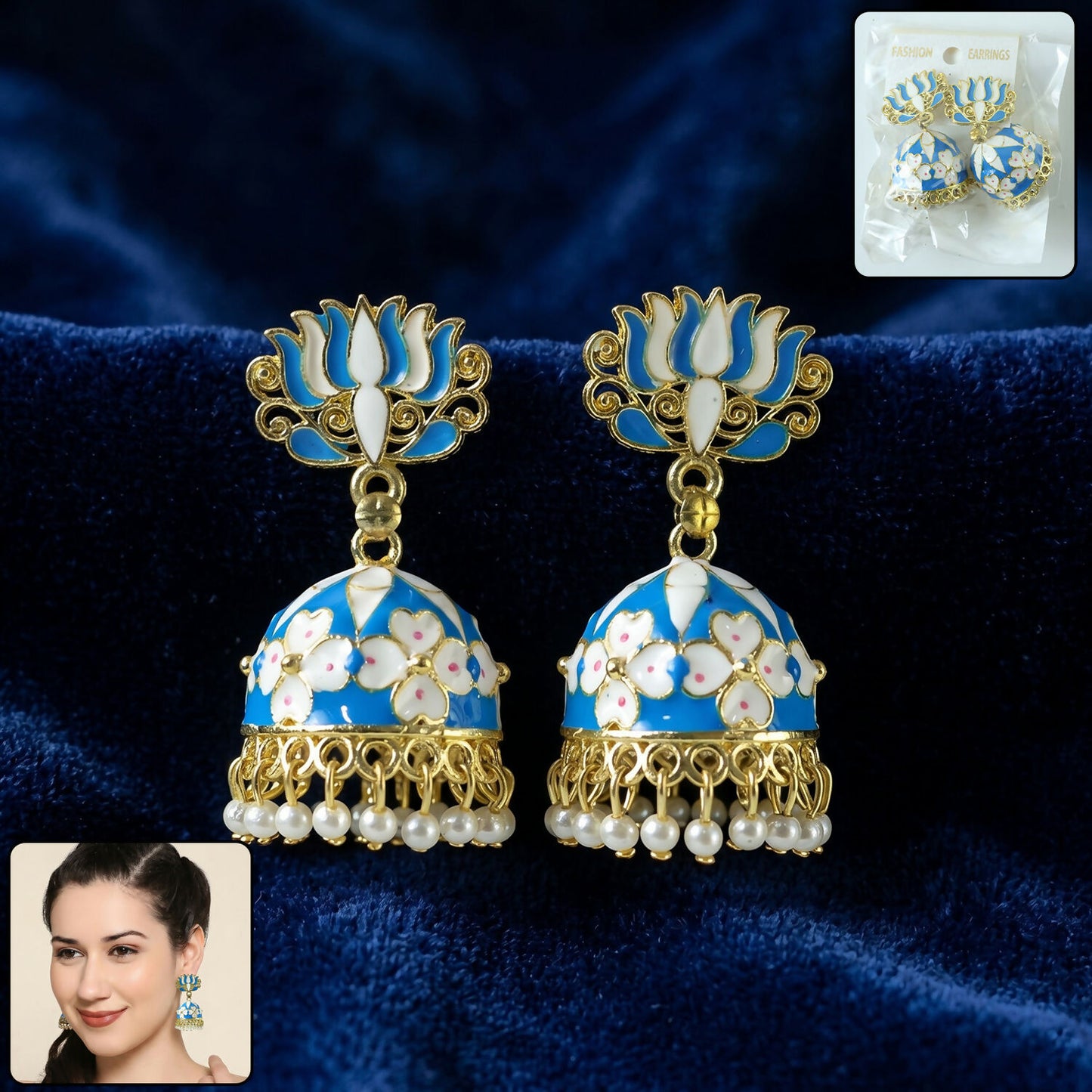 Blue lotus jhumka earrings with pearl hangings, front view
