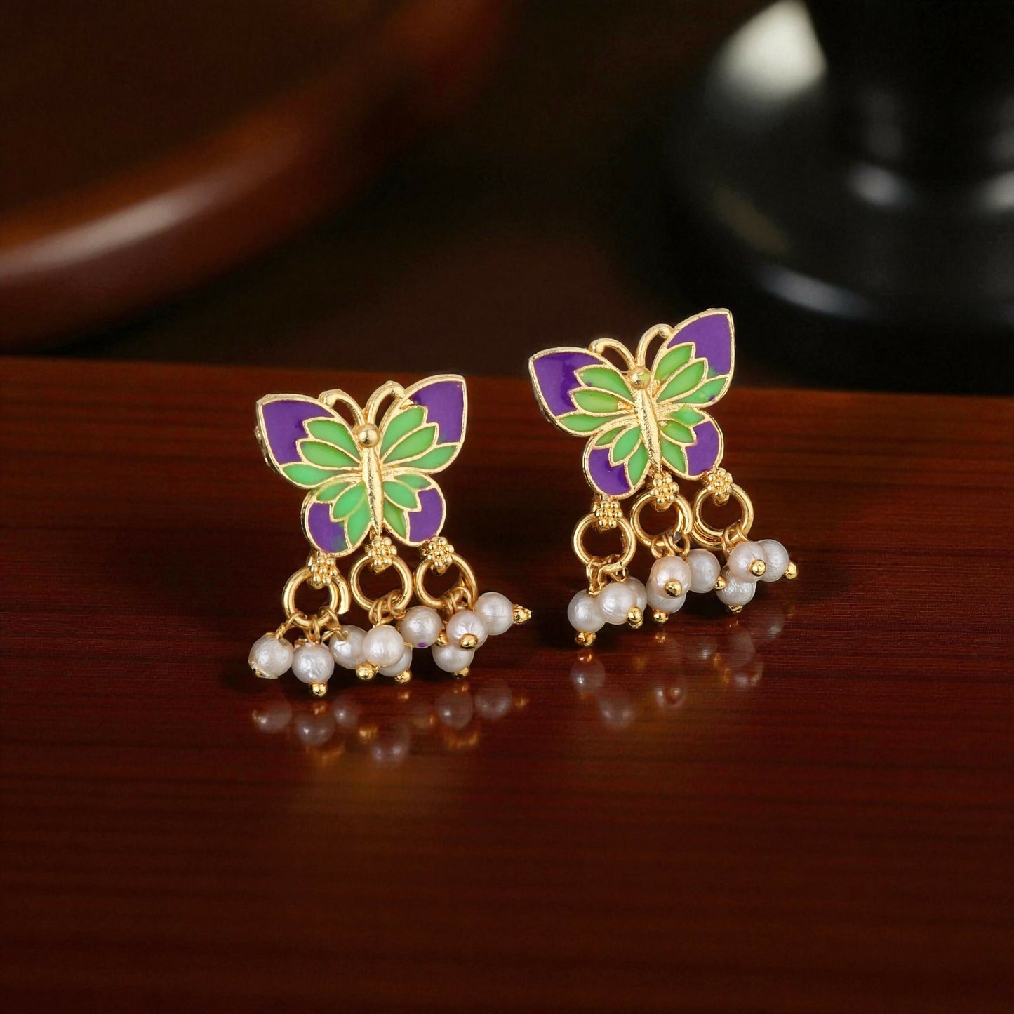 Artistic Purple & Green Enamel Butterfly Choker Set with Pearl Drops