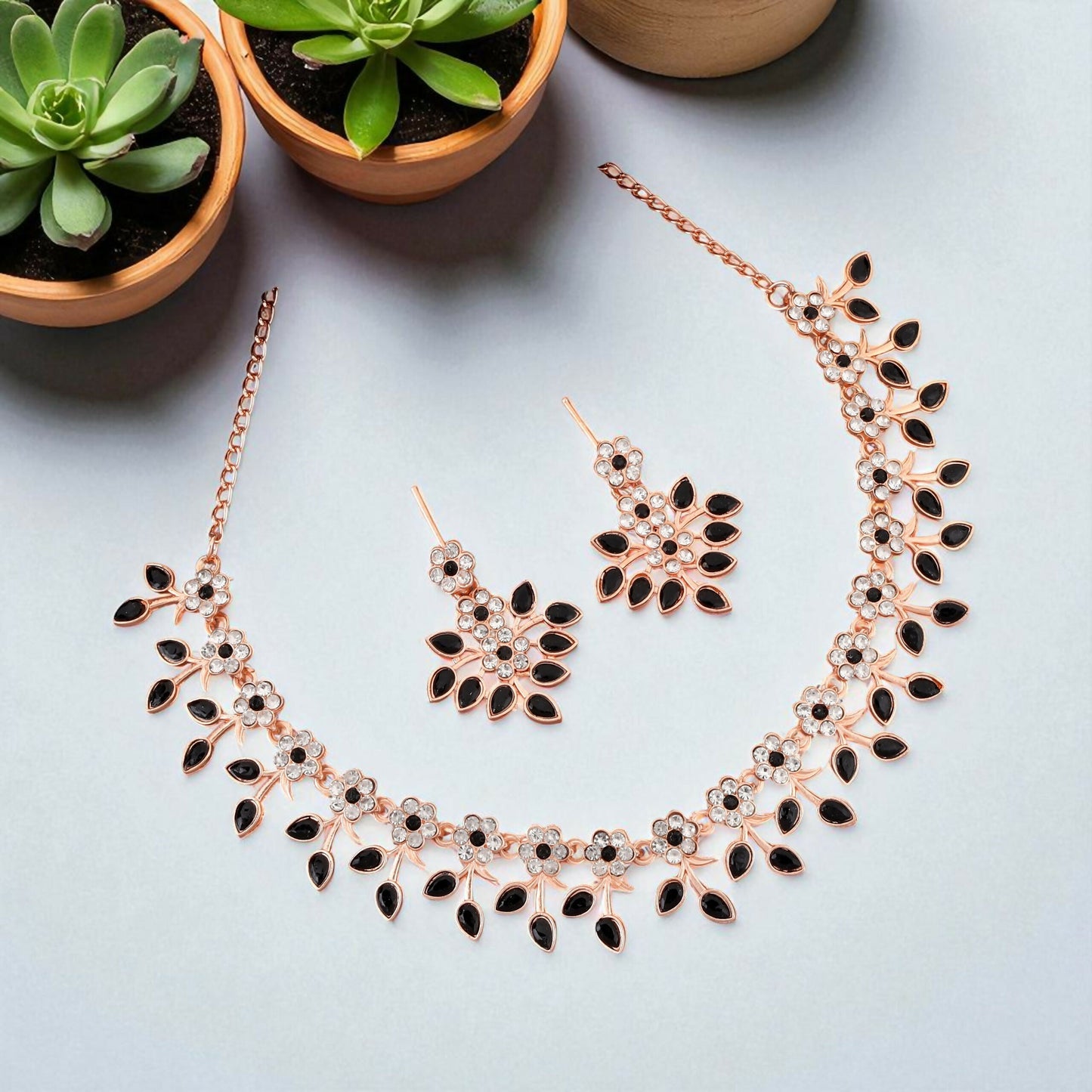 Chic Rose Gold-Toned Floral & Black Leaf Necklace Set