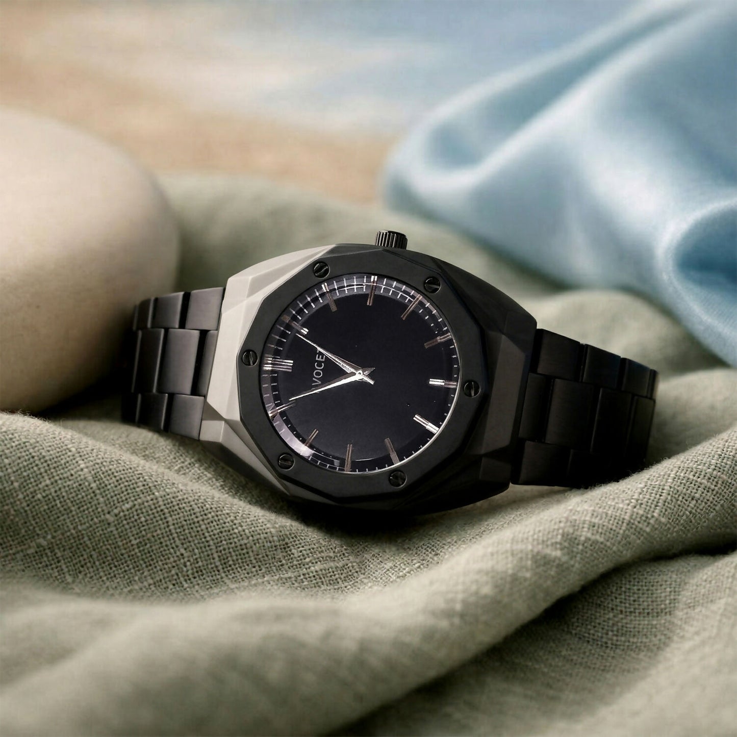 Luxury Matte Black Analog Watch with Geometric Dial Design & Metal Strap