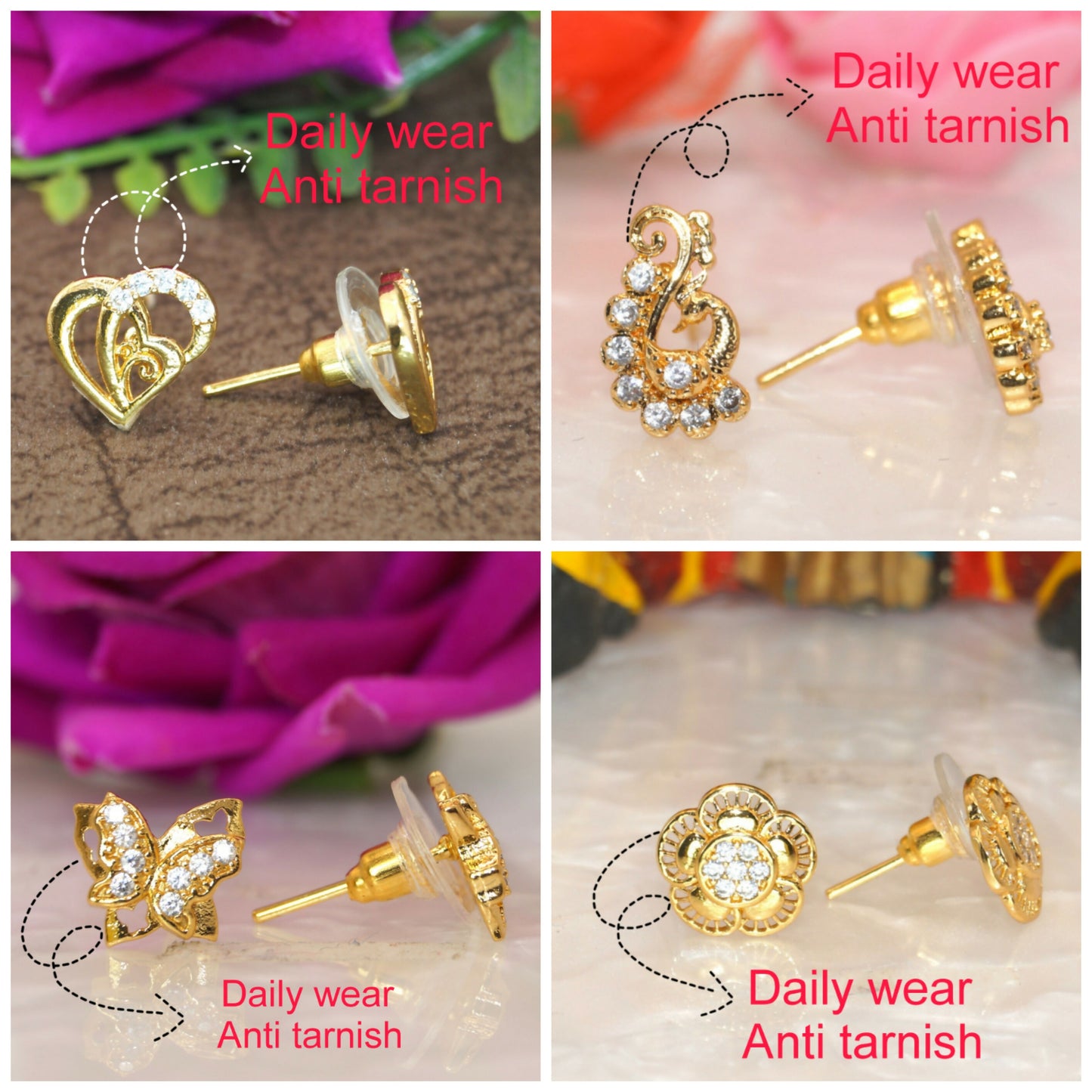 Gold Plated AD Studs Combo - Peacock, Butterfly, Flower & Heart Set for women and girls Combo Pack of 4