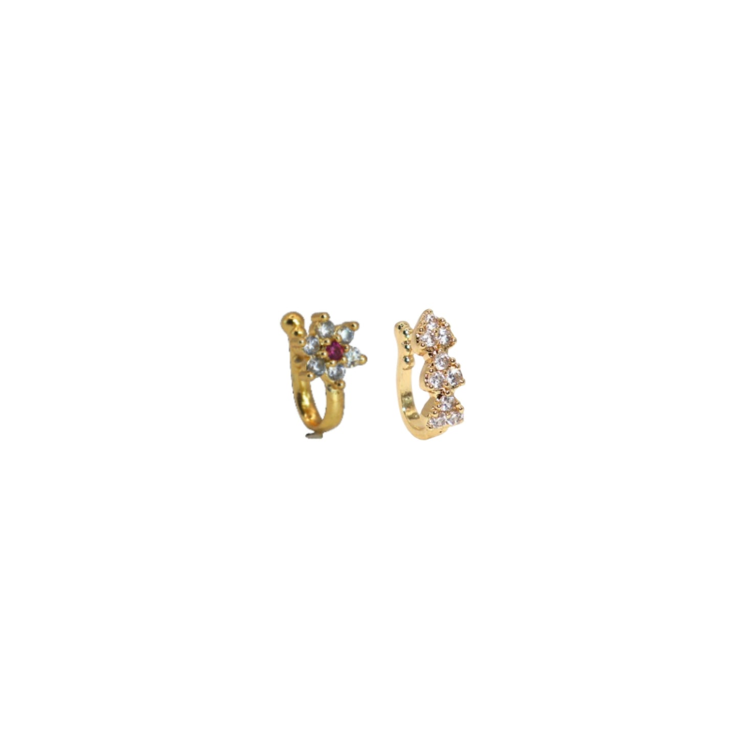 Variety of gold and silver clip-on nose rings featuring sparkling CZ stones