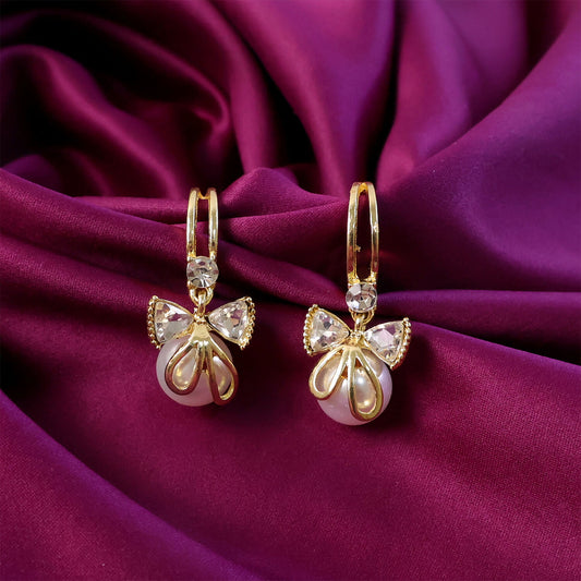 Korean Style Bow Pearl Drop Earrings for Women & Girls