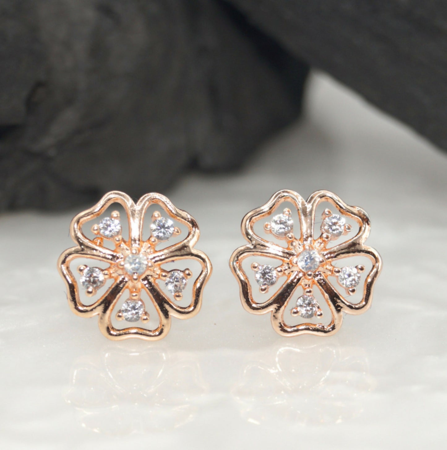 Rose Gold Plated Floral Stud Earrings with AD for women and girls