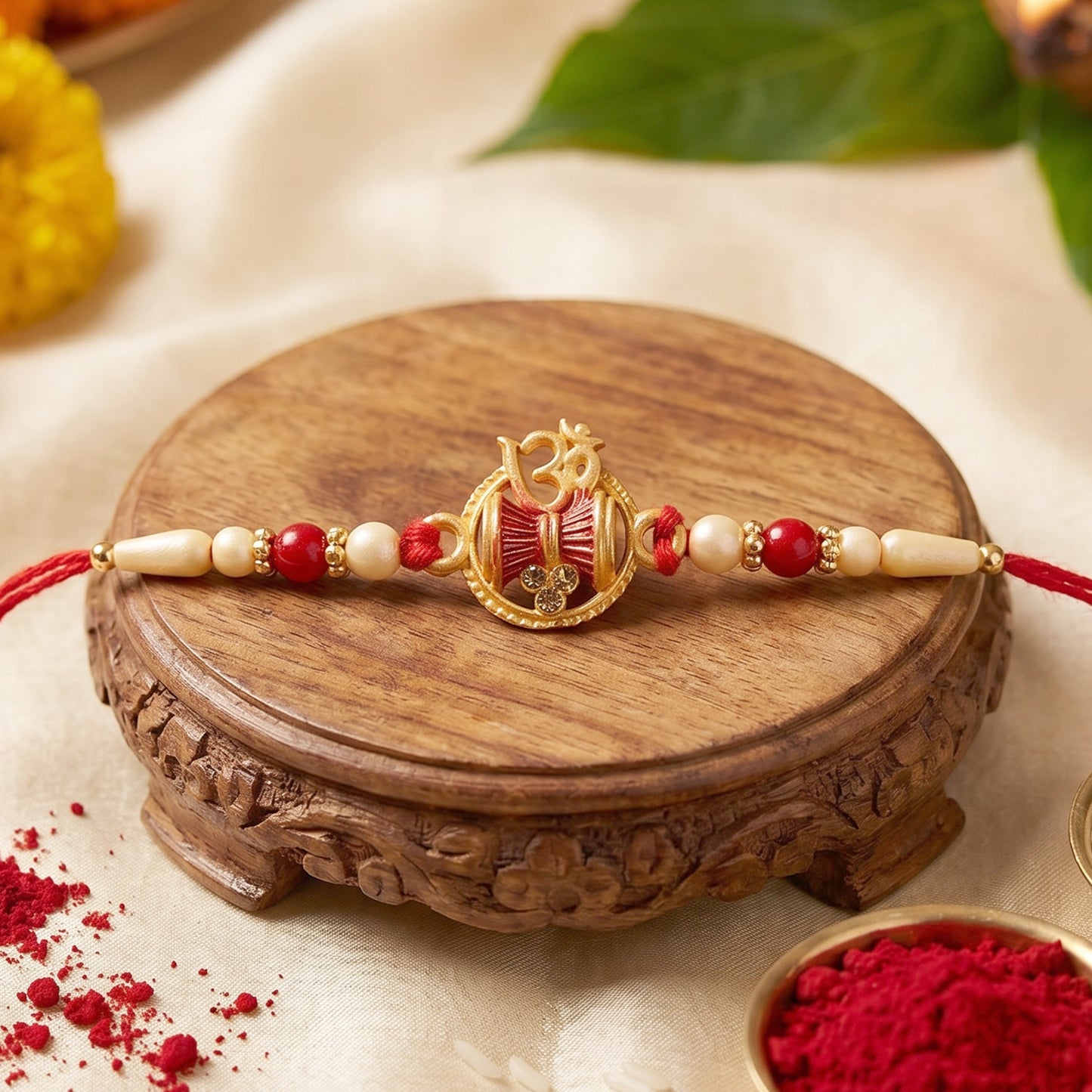 Golden Damru Om Rakhi for Boys with Red and White Beads