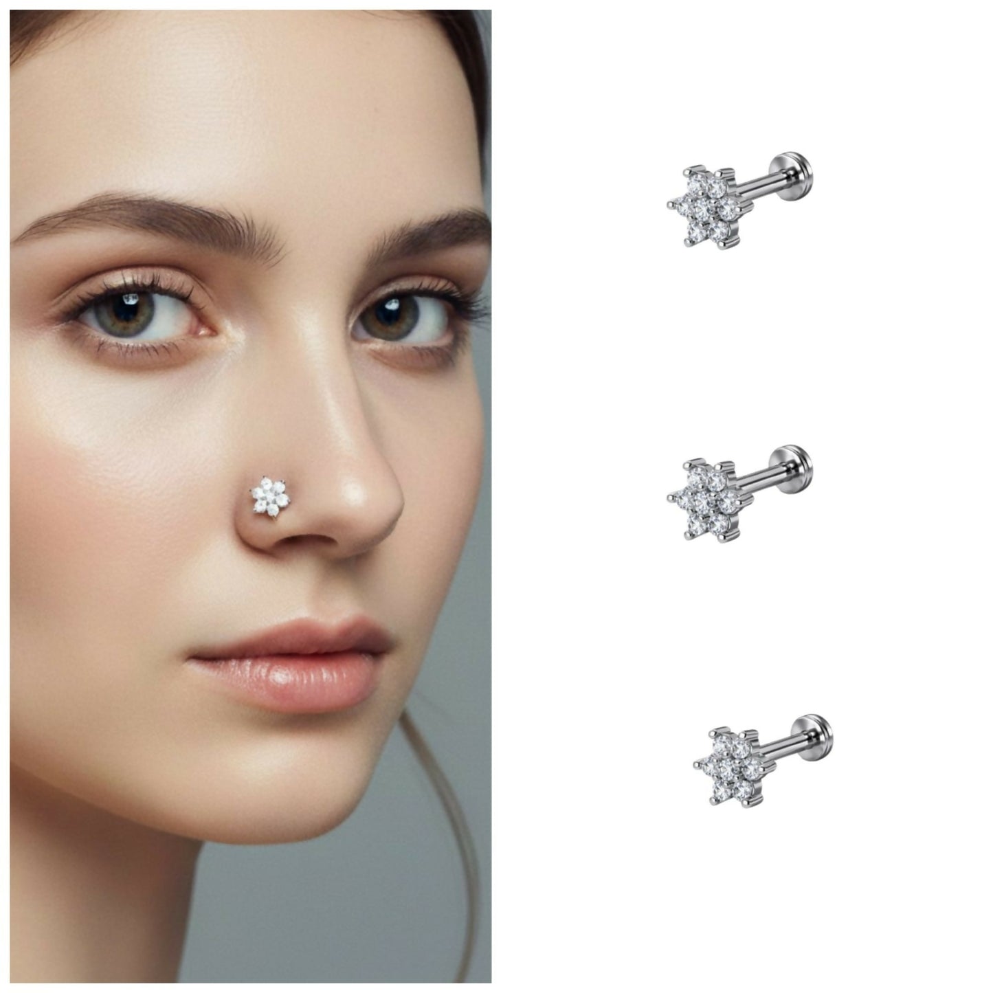 Silver plated floral crystal stud labret piercing nosepin set with sparkling crystals
