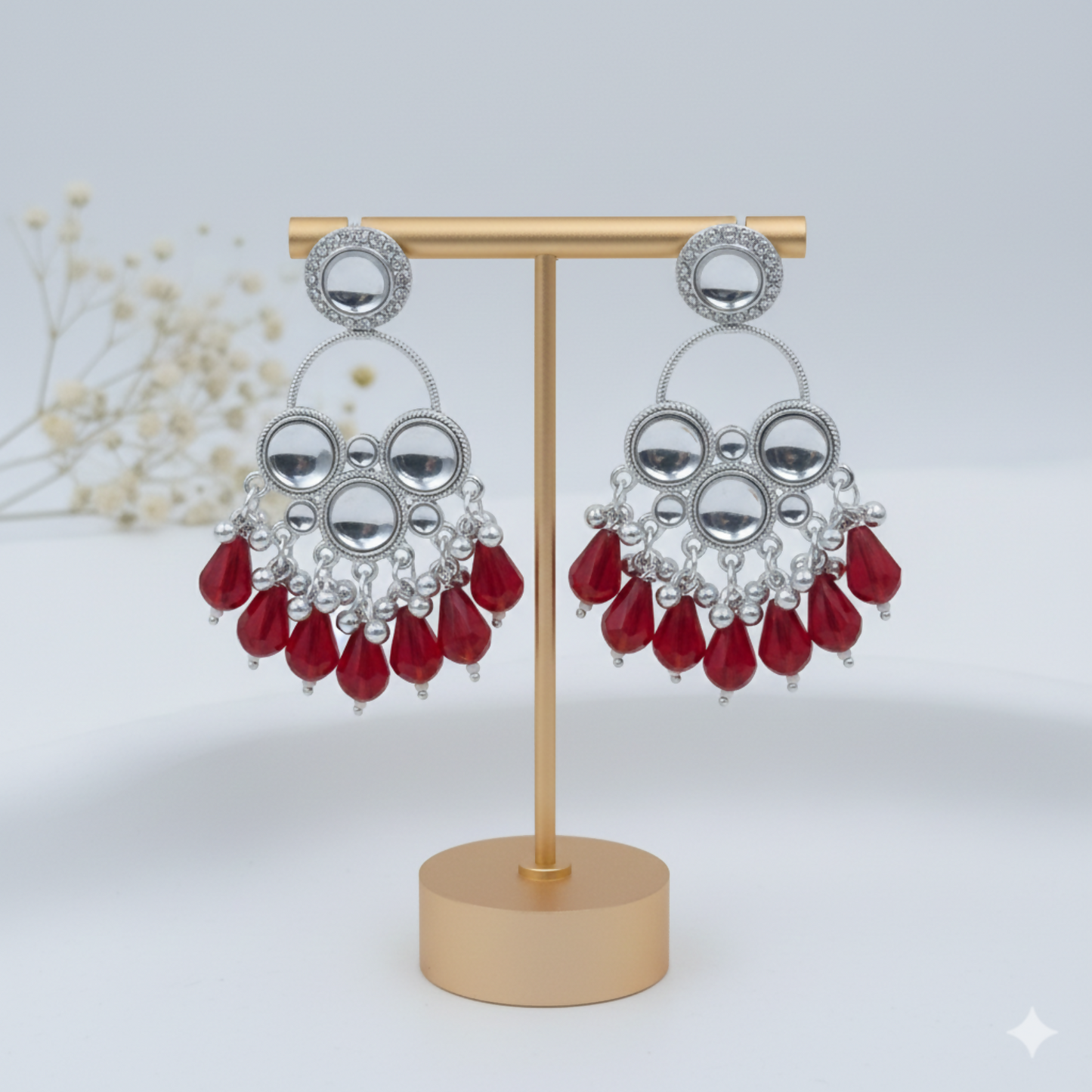 Kundan Red Pearl Silver Plated Chandbali Earrings Agate Alloy Chandbali Earring