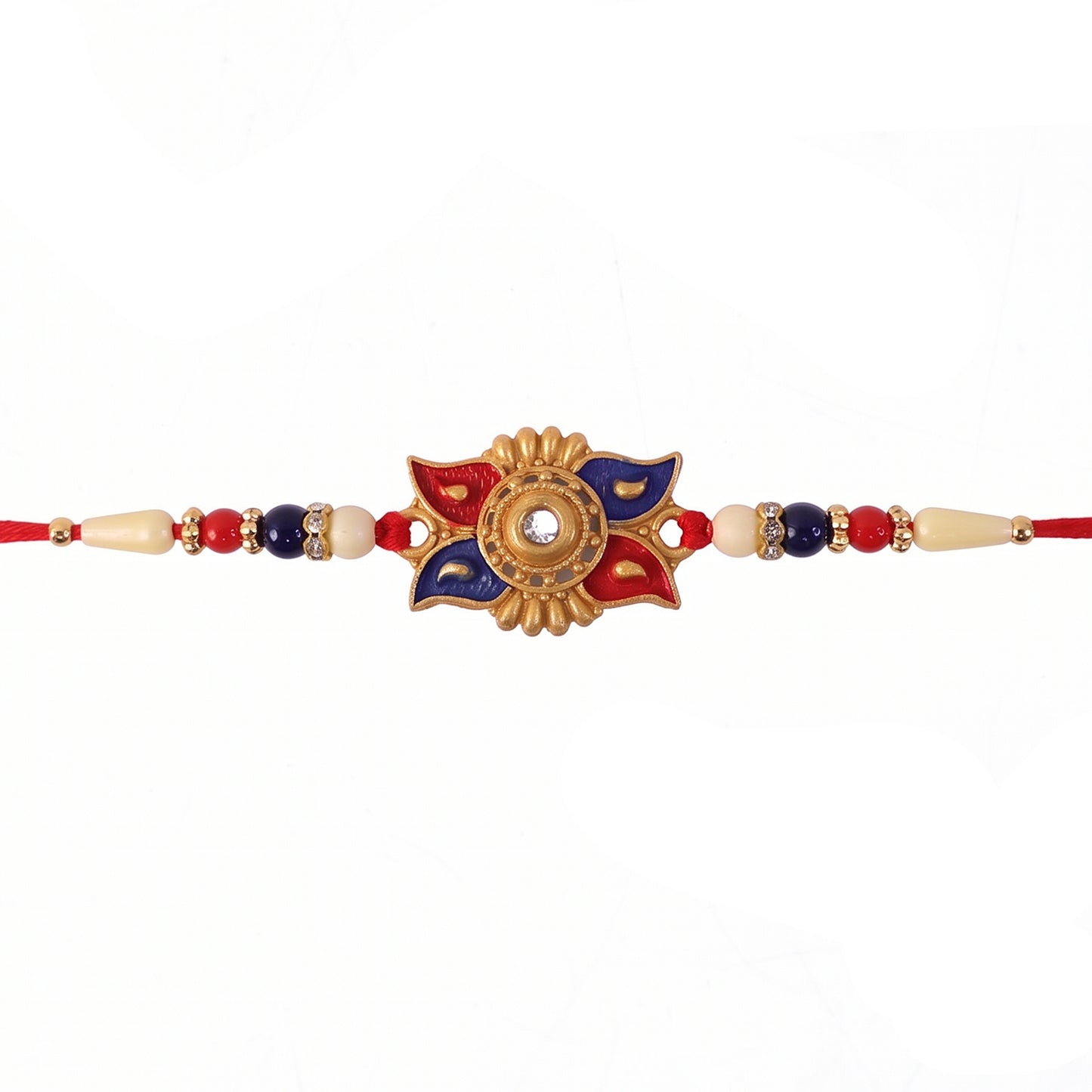 Gold Sunburst Rakhi with Blue Red Beads and Pearl Accents