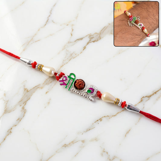 Colorful Shree Designer Rakhi with Rudraksha Center and Pearl Beads