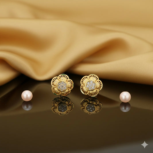 Daily Wear Gold Floral Stud Earrings with AD for women and girls