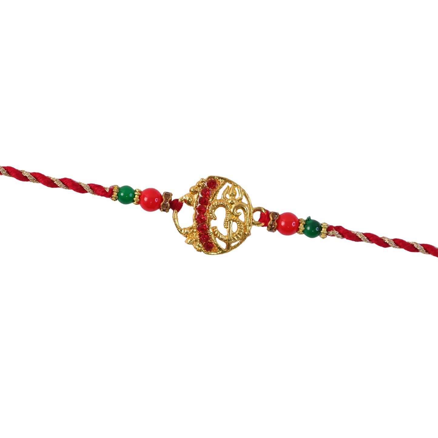 Golden Red Diamond Om Trishul Rakhi with Green Beads and Twisted Thread