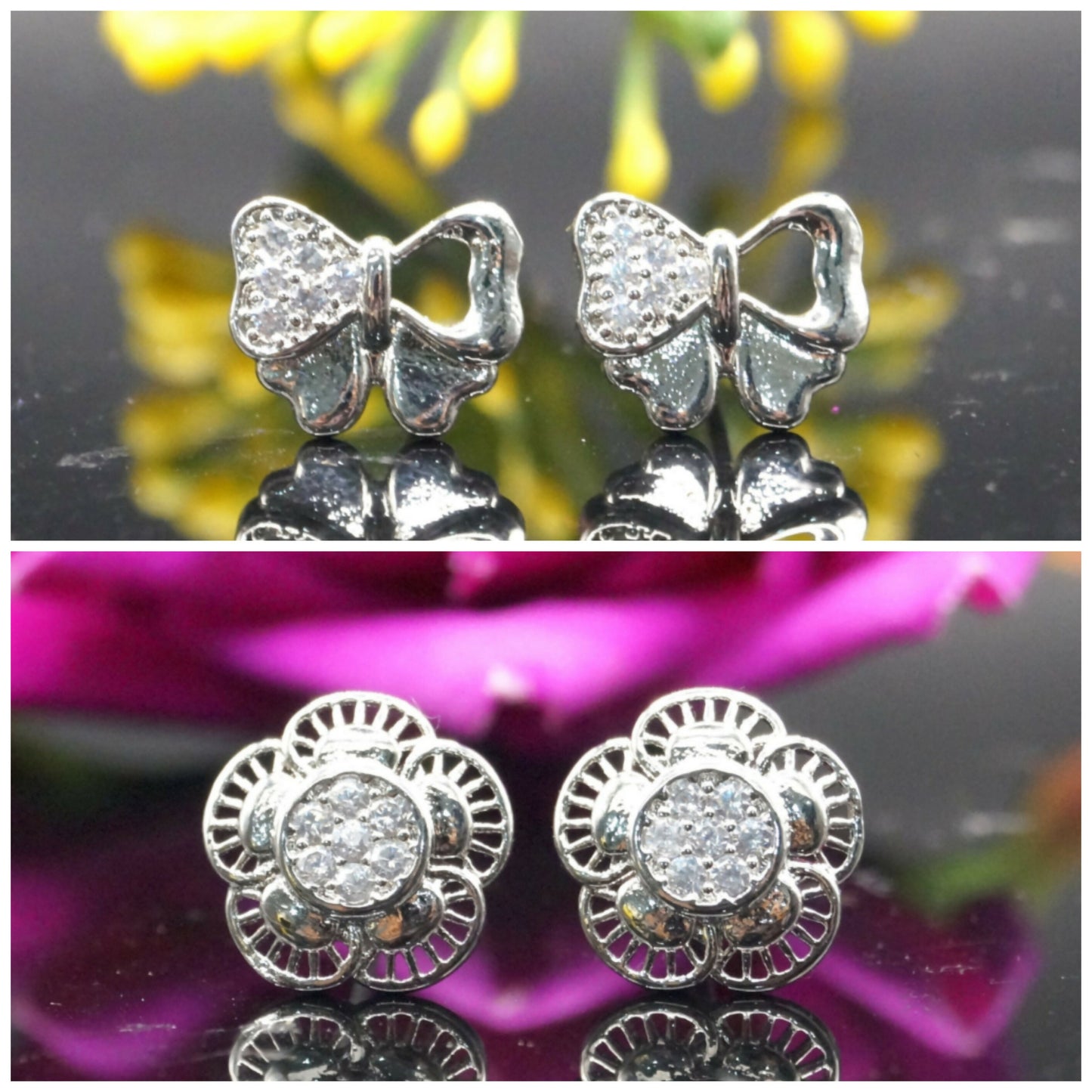 Silver plated bow and flower cubic zirconia stud earrings set showcasing elegant sparkle