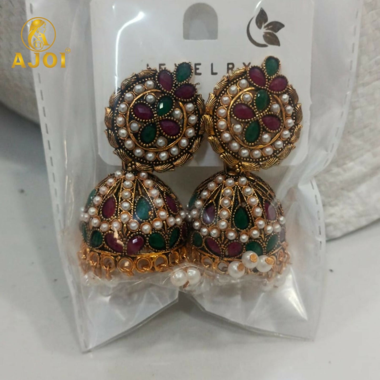 Exquisite Traditional Kundan Jhumka Earrings with Ruby & Emerald Stones, Handcrafted Gold-Tone Pearl Drop Bridal Jewelry