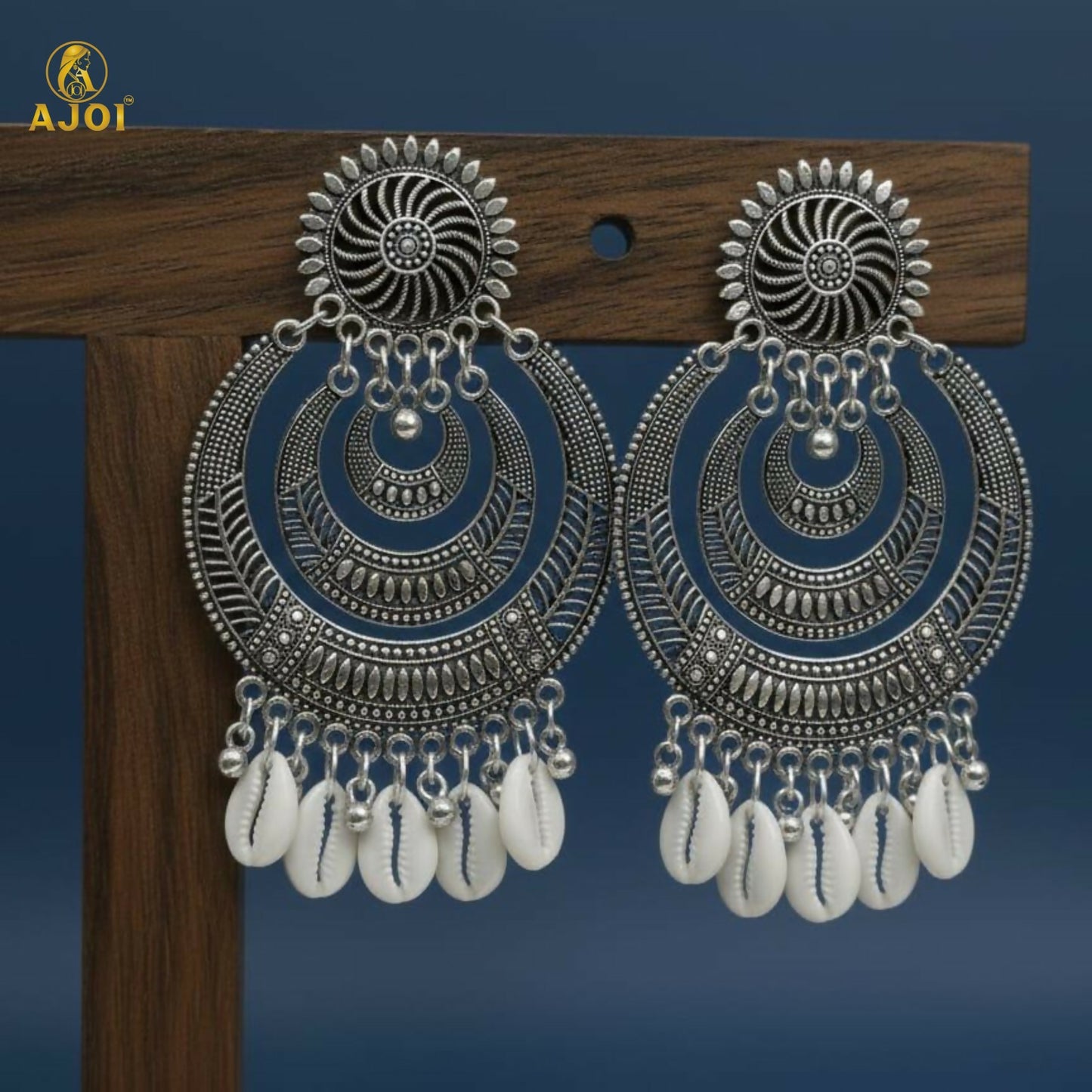 Oxidized Silver Chandbali Earrings with Cowrie Shell Drops Earring