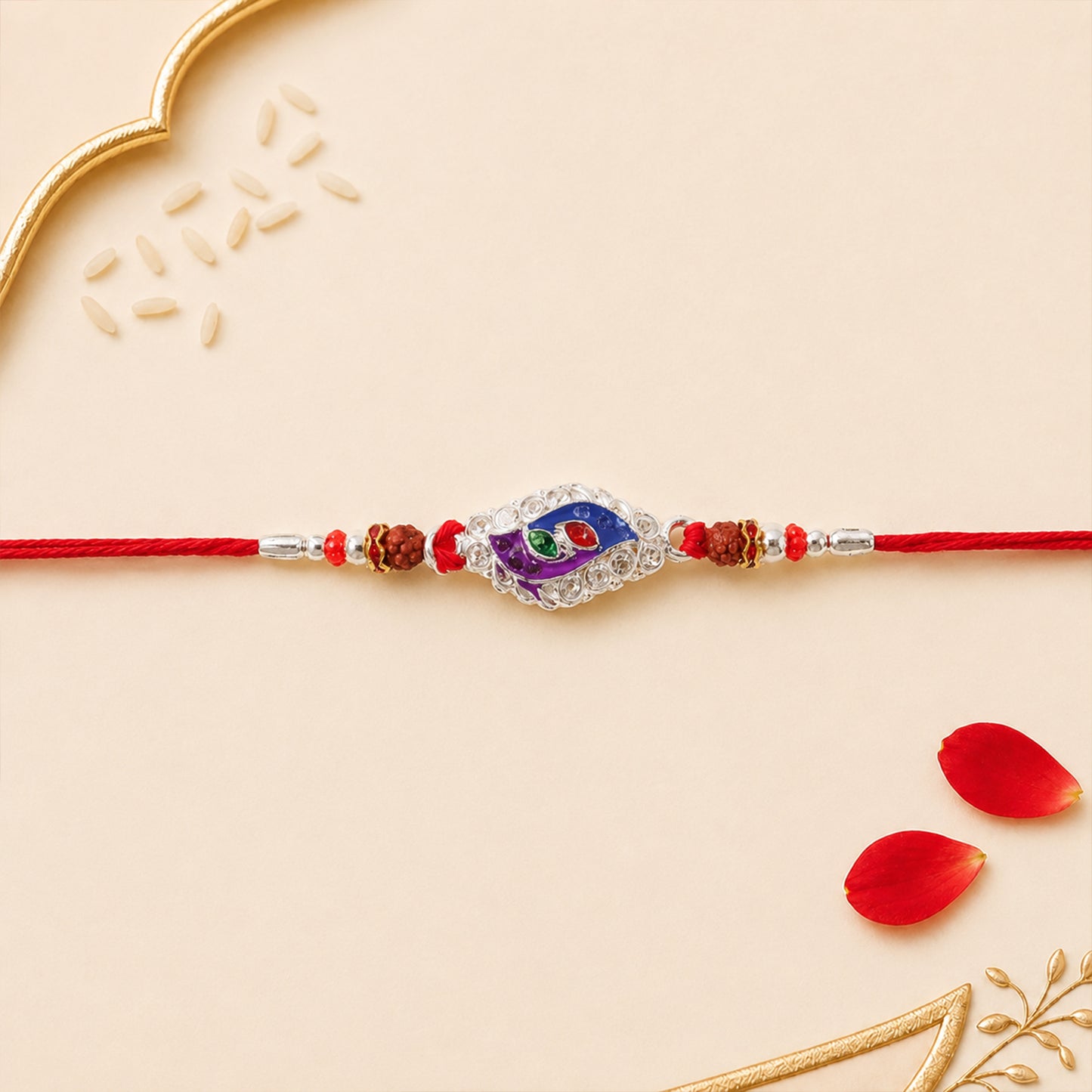Morpich Enamel Rakhi with Silver Beads and Red Thread