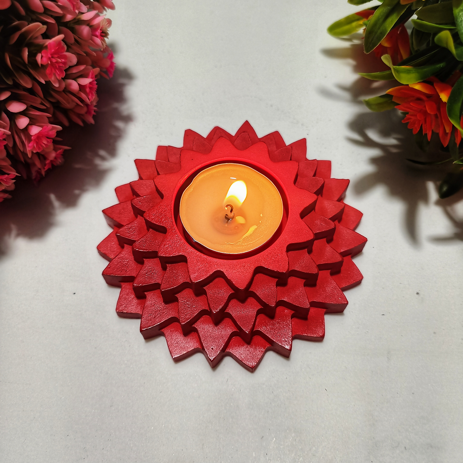 Flower 5-Layer Diya red tealight candle Elegant Home Decor Handmade