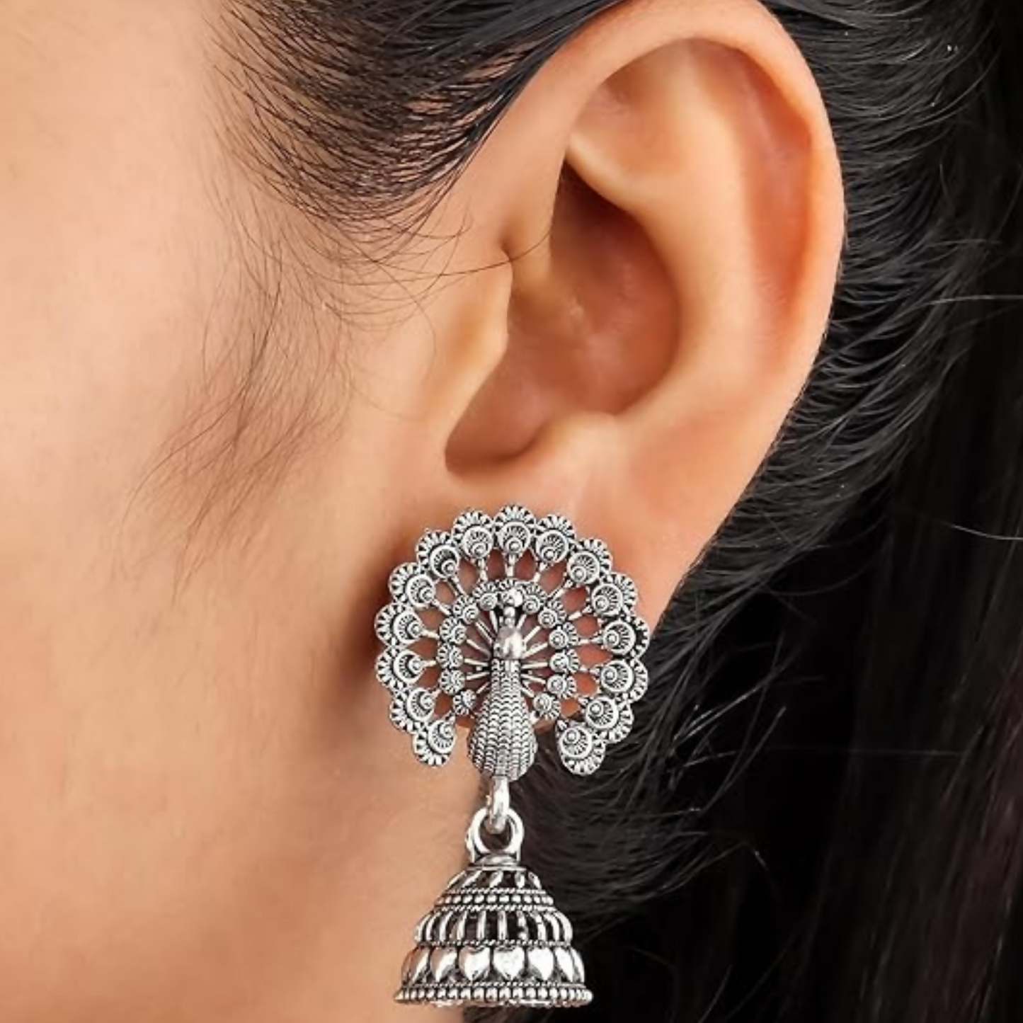 DeoDap Traditional Oxidised Silver Jhumka Earrings Set - key feature close-up