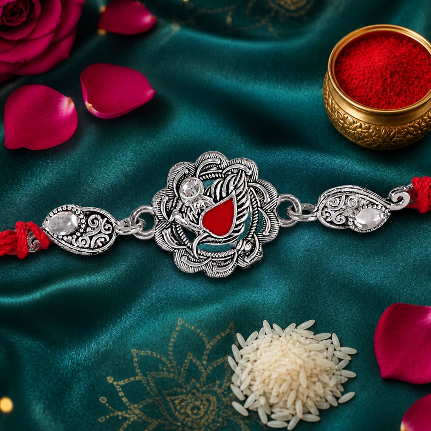 Ornate Rakhi featuring Silver Round Charm, metal trims and chain look for Gifting