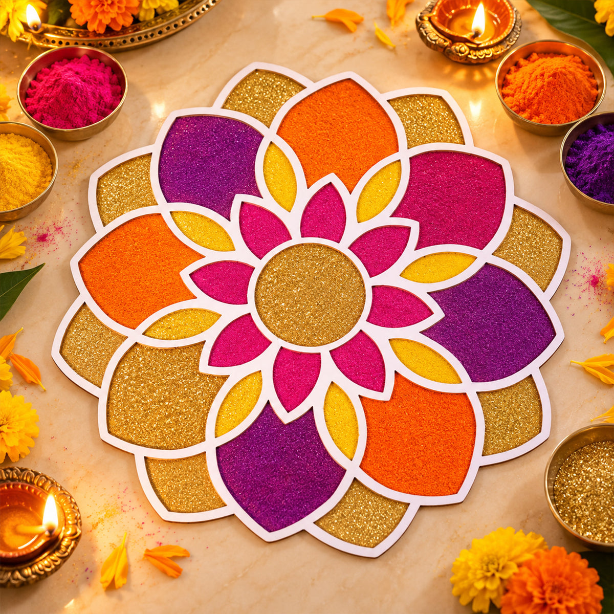 Large Flower Rangoli Stencil for Diwali Decoration, Puja and Festive Floor Art