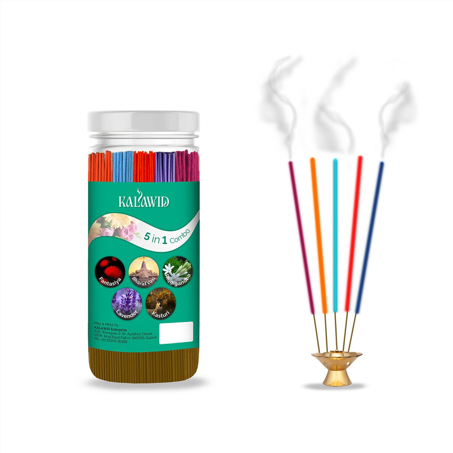 Premium Agarbatti 5 In 1 Combo with Fantasiya, Bharatvasi, Rajnigandha, Lavender, Kasturi Fragrances for Long Lasting Aroma (400 Gm)