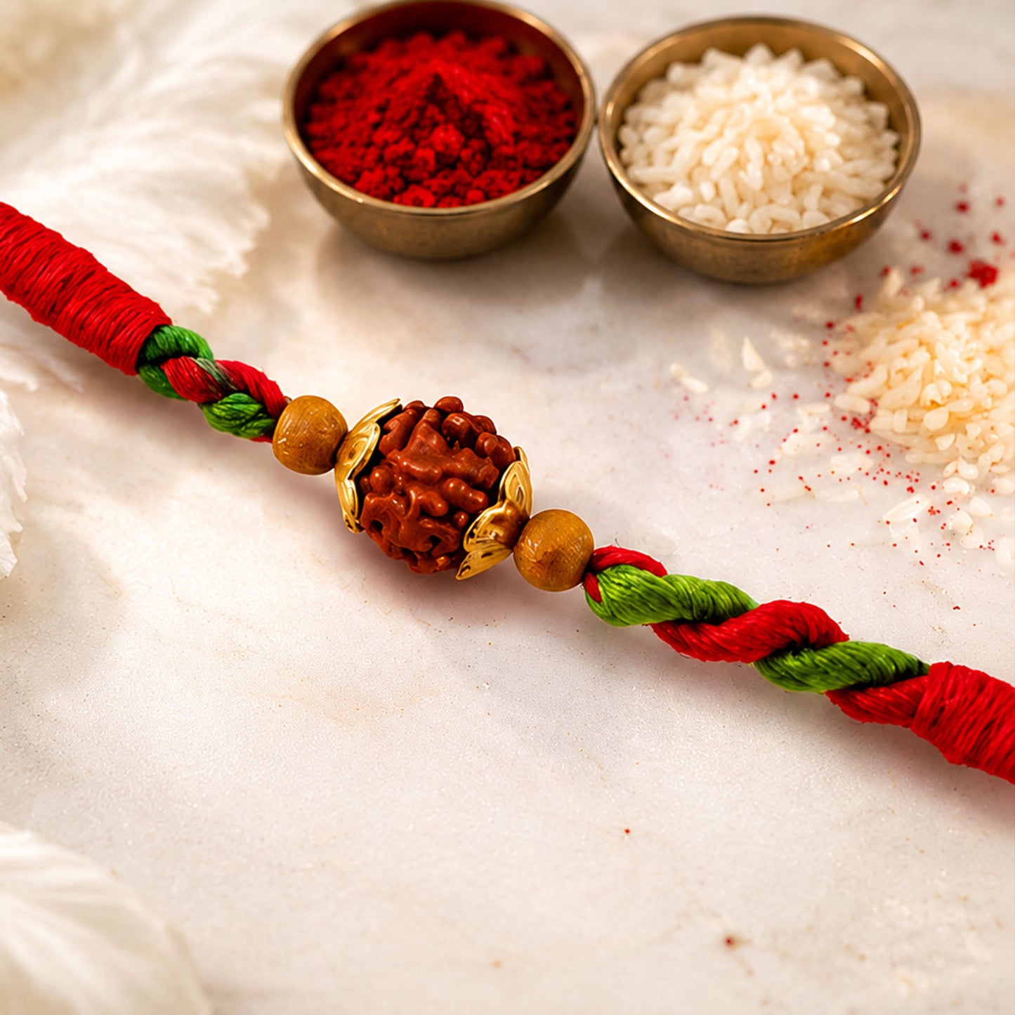 Green Red Designer Rakhi with Golden Bead Accents and Traditional Festive Beauty