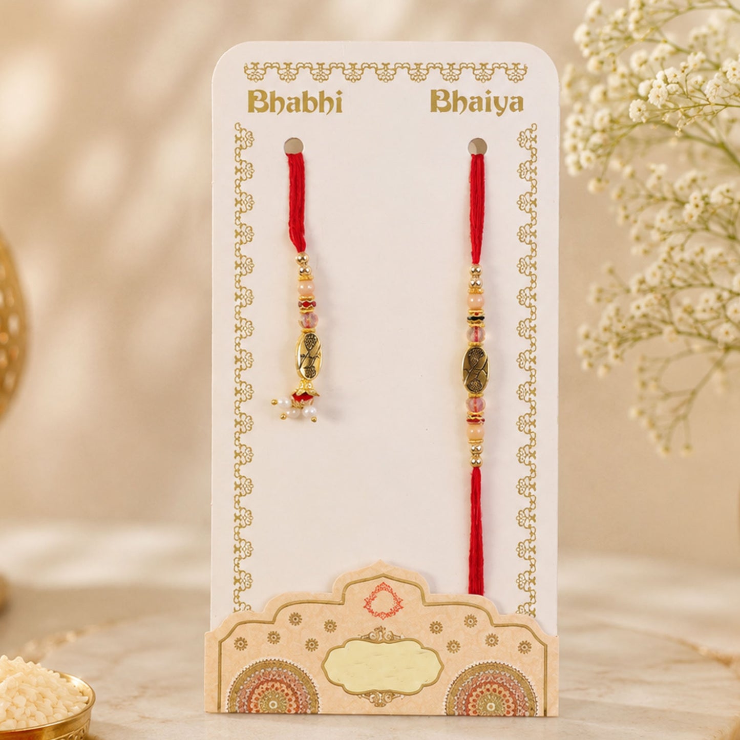 Circular Medallion Bhai Bhabhi Rakhi with Oval Medallion and Floral Tassel for Gift