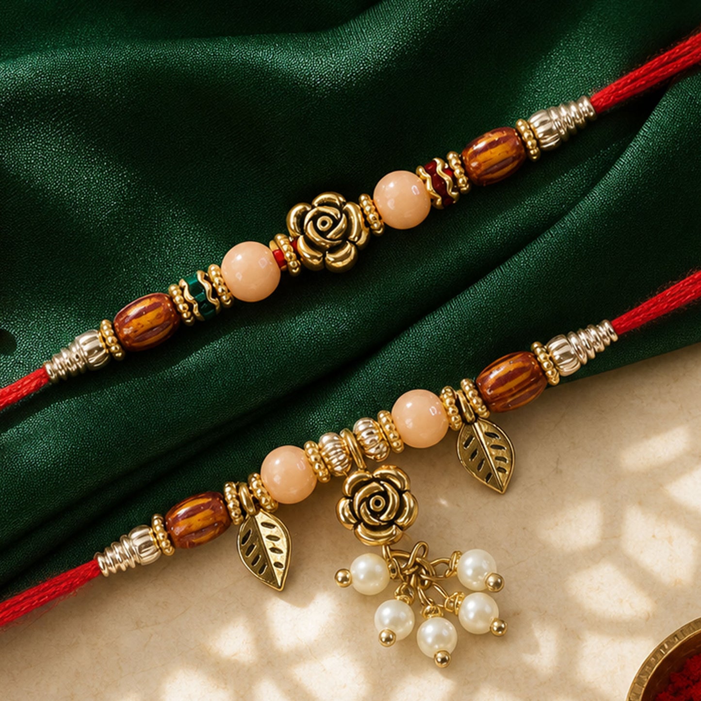 Divine Floral Rose Design Bhai Bhabhi Rakhi with Rose Center and Leaf Charm for Gift