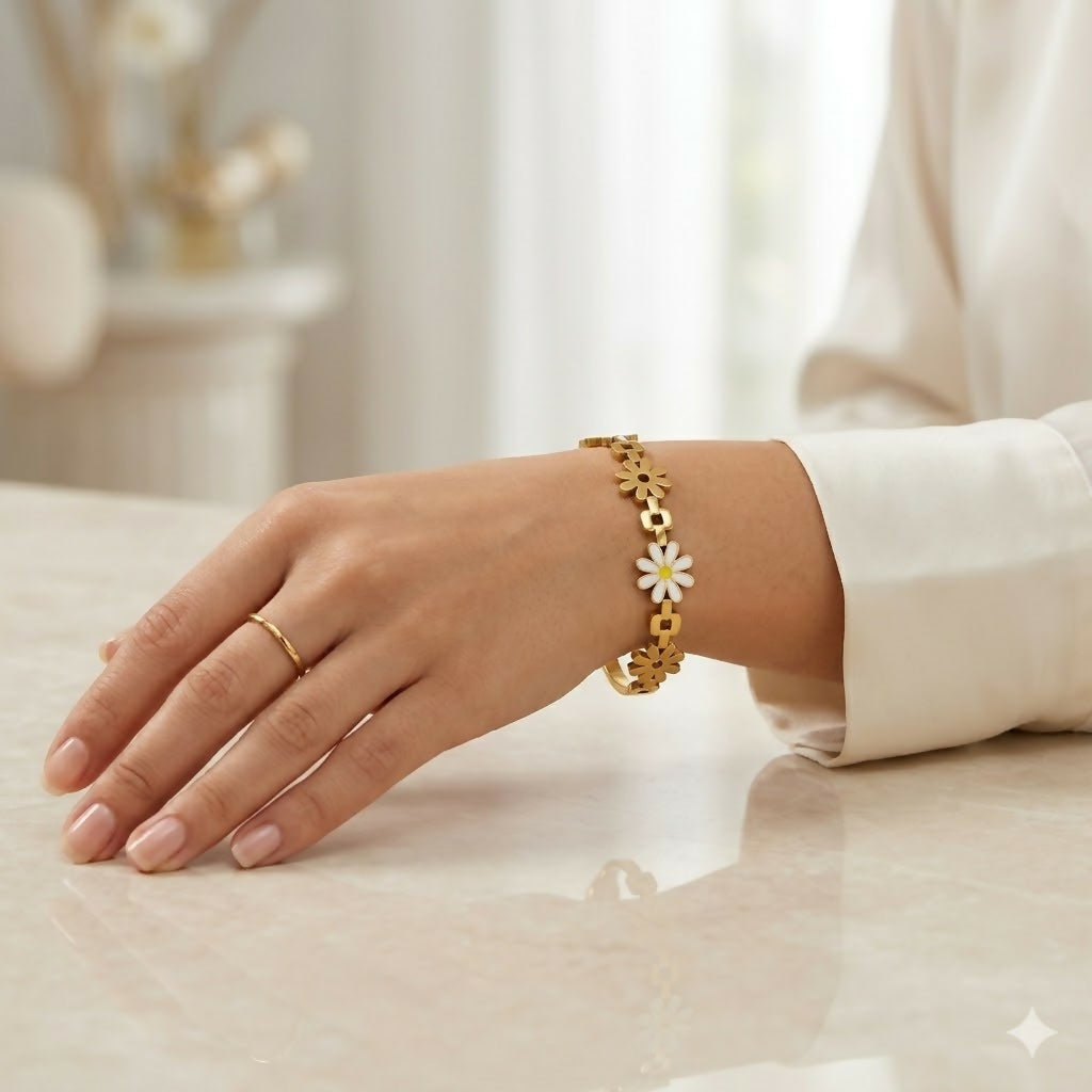 Eternal Bloom kada worn on wrist with elegant outfit