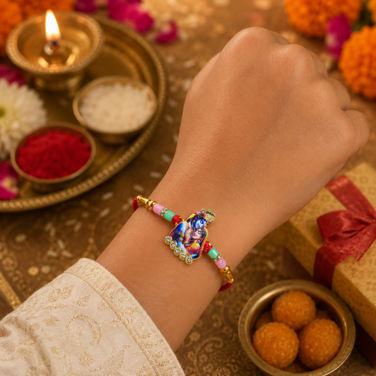 A person's wrist wearing a red thread with a golden Radha Krishna charm, surrounded by a lit lamp and sweets.