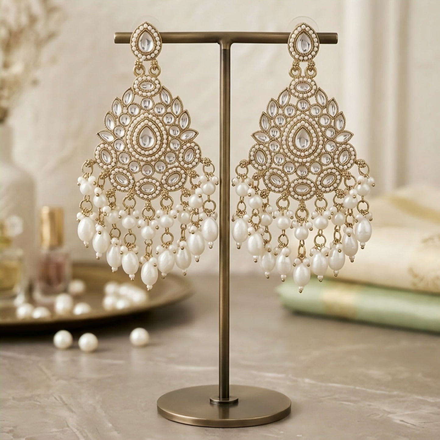 Exquisite Kundan & Pearl Drop Chandbali Earrings with Gold-Plated Finish