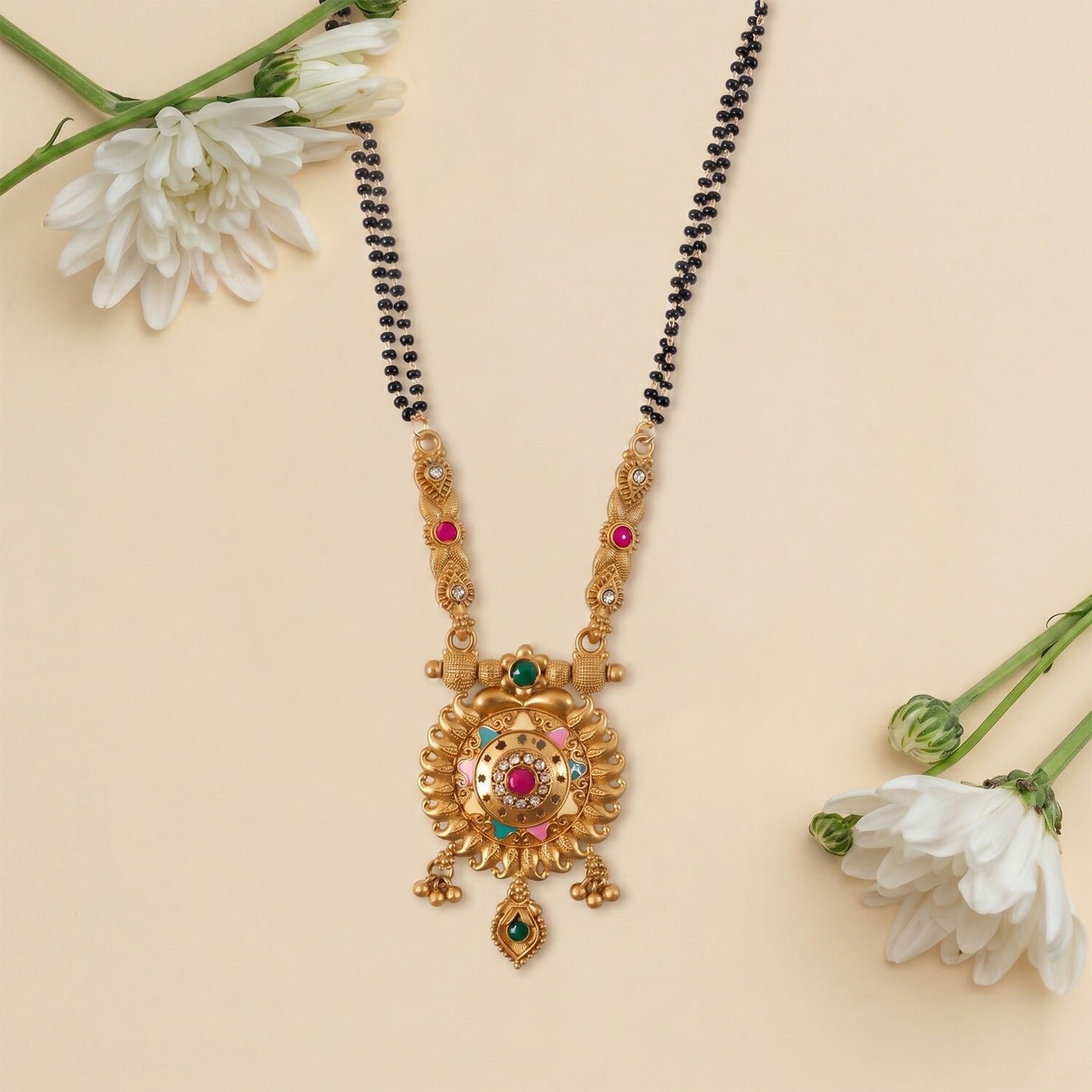 Antique Finish Sun Wheel Pendant with Multi-Petal Enamel Double Strand Mangalsutra
