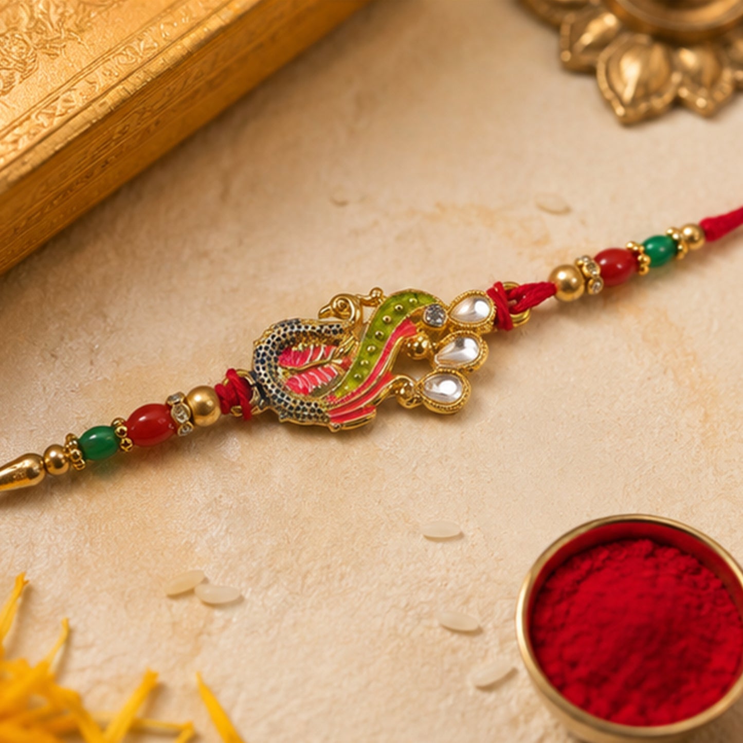 Enamel Peacock Pendant Rakhi with Red and Green Beads