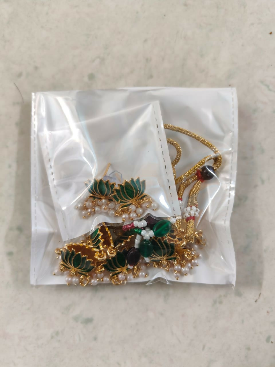 Gold Necklace with Green Lotus & White Beads Pendant for Women Stylish Jewelry