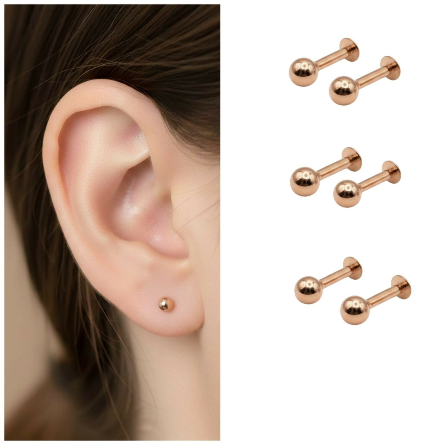 Set of six rose gold labret stud earrings with flat-back design for comfortable piercing wear.
