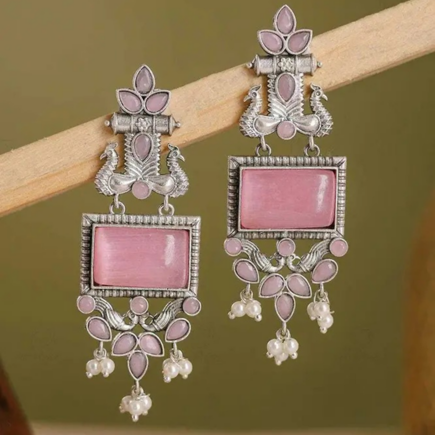 Traditional Oxidized Silver Pink Stone Pearl Drop Earrings