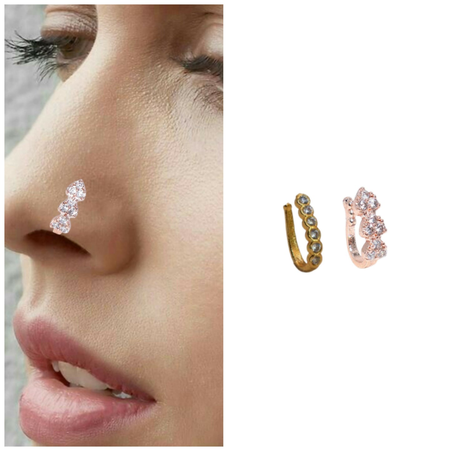 6-piece cubic zirconia clip-on nose rings in gold, rose gold, and silver tones arranged in set