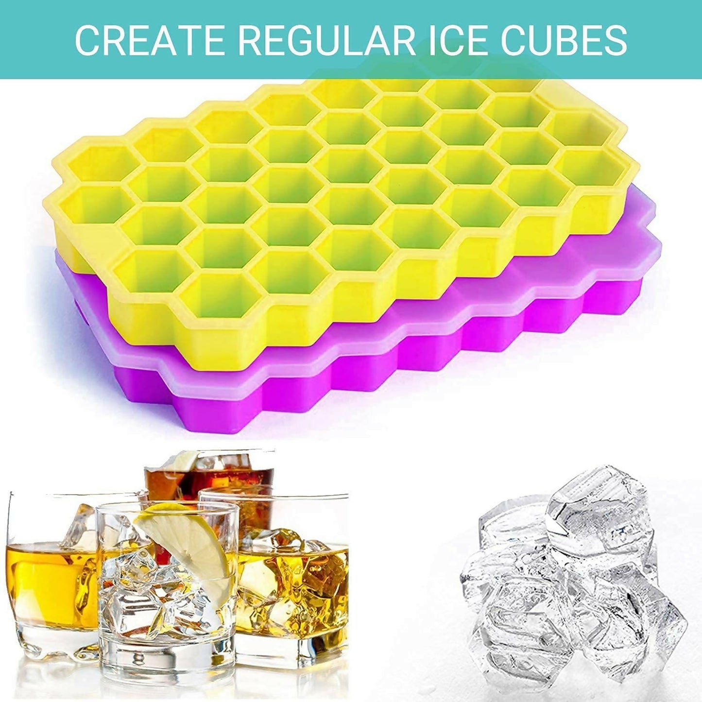 Close-up hexagon-shaped ice cubes from honeycomb tray