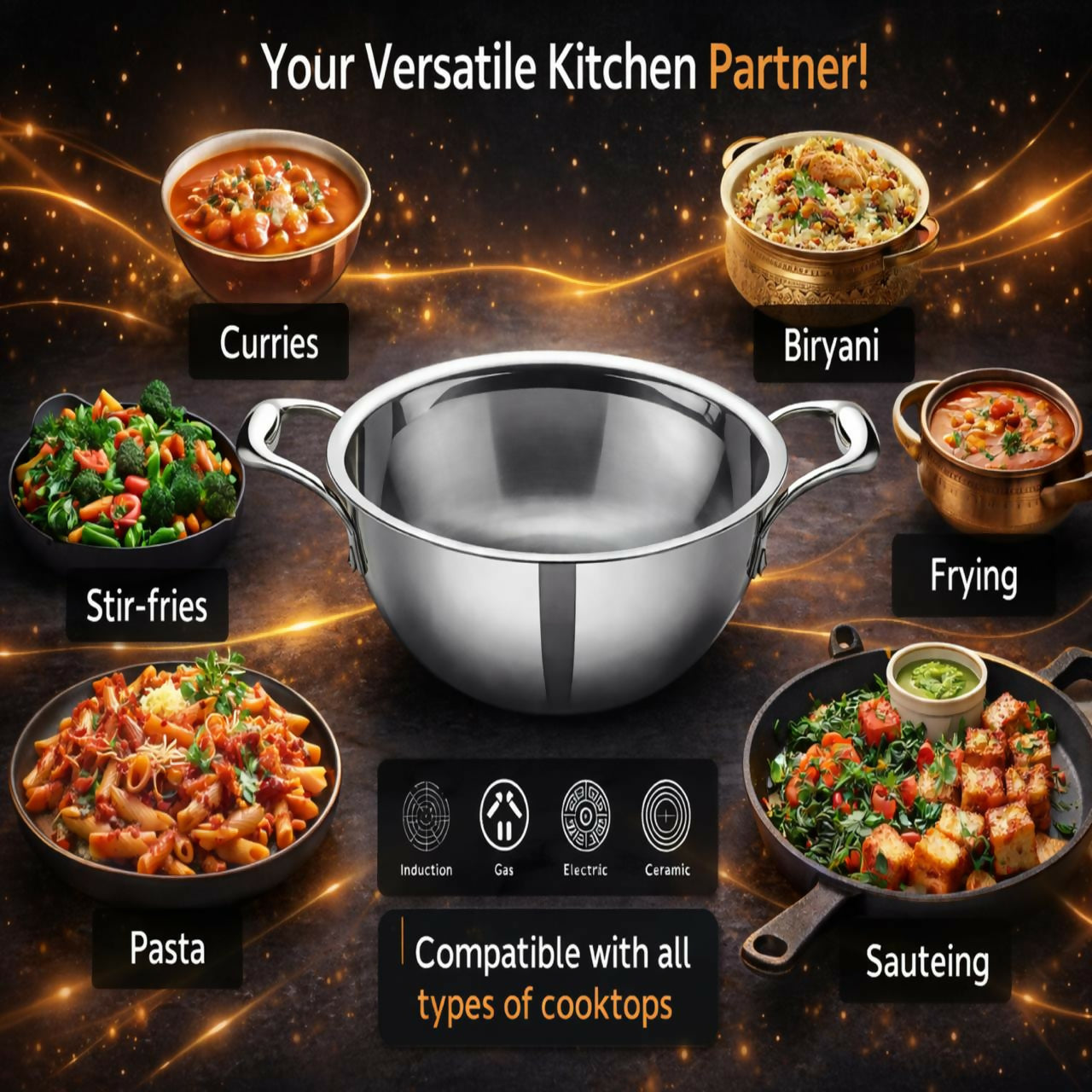 Vikas Triply Kadai with Lid heavy duty cooking utensil side view