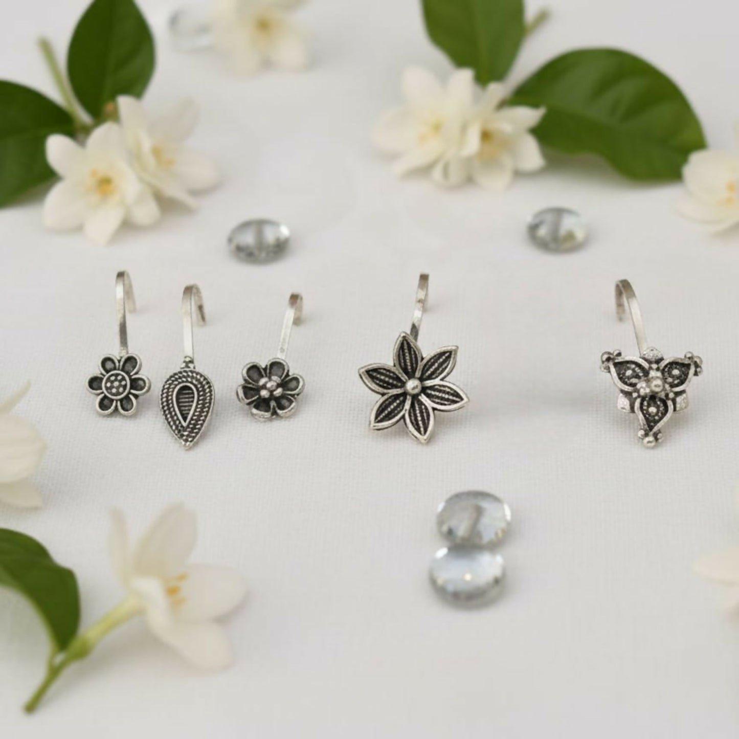 Oxidized Silver Traditional Floral Nose Pins Combo for Women & Girls (Pack of 5)